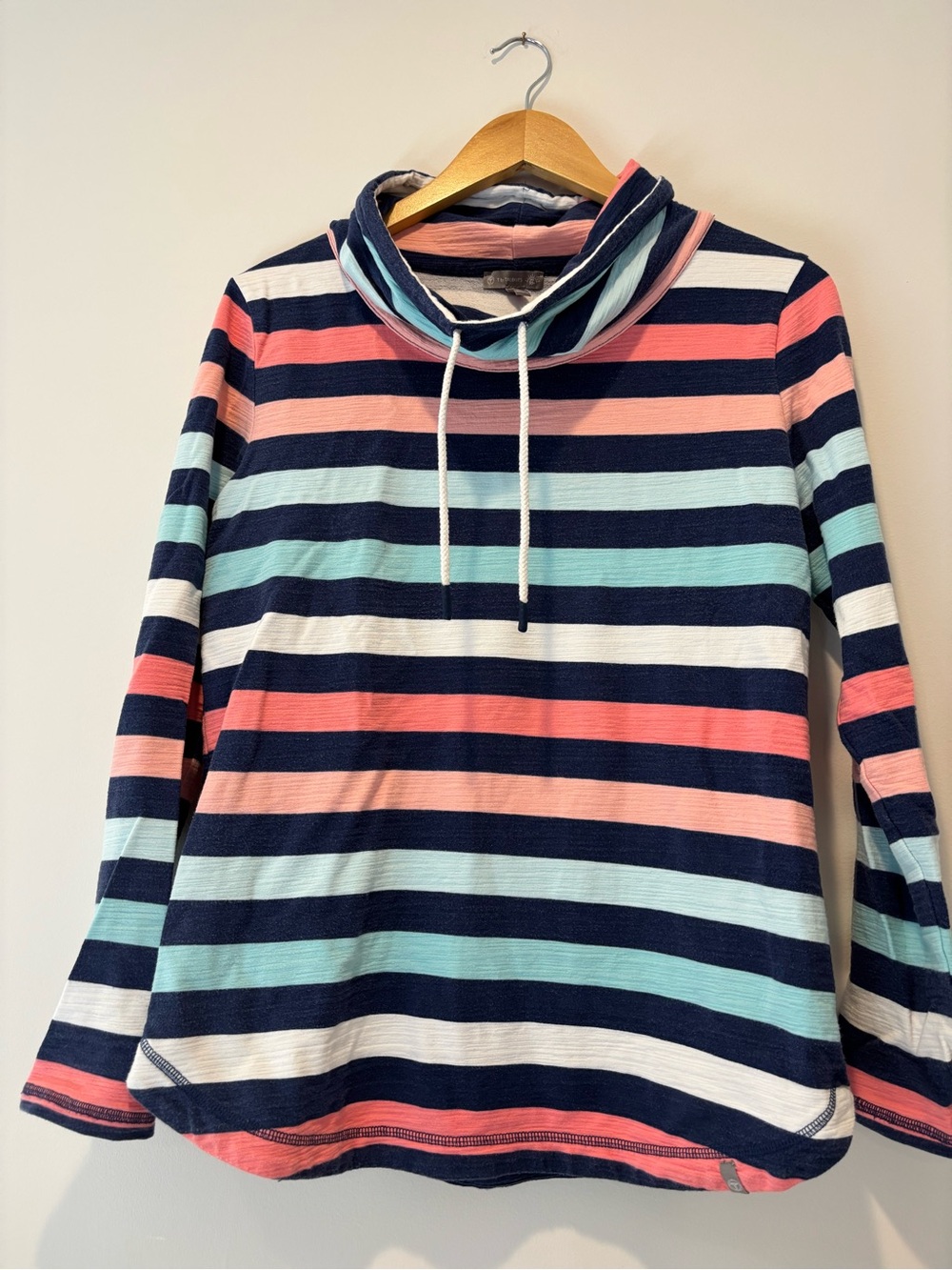 Talbots Navy, Coral, Mint & White Striped Cowl Neck Sweatshirt